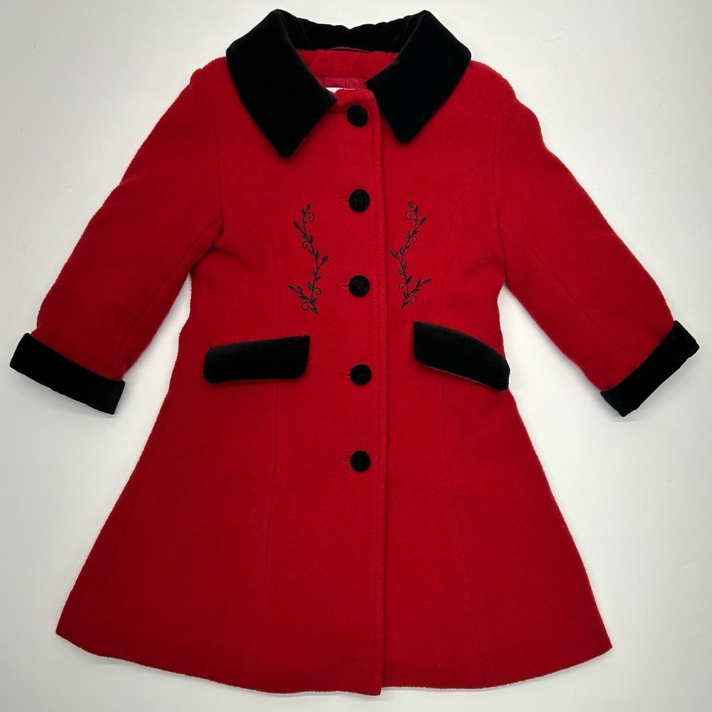 London Fog Red Wool Blend Coat with Black Velvet Trim Embroidered Details 3T